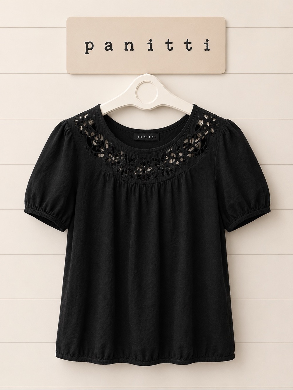 Black Eyelet Detail Puff Sleeve Top – Size M